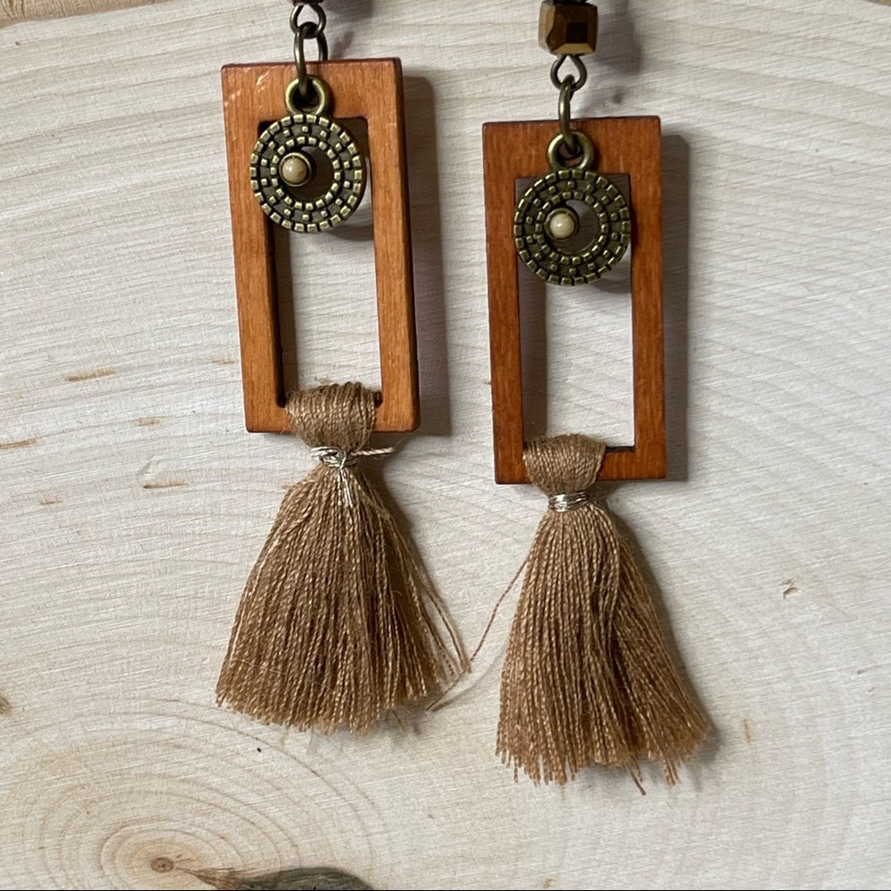 Wooden EARRINGS Open Rectangular hanging TASSEL earrings BOHO CHIC multi texture - Picture 5 of 6